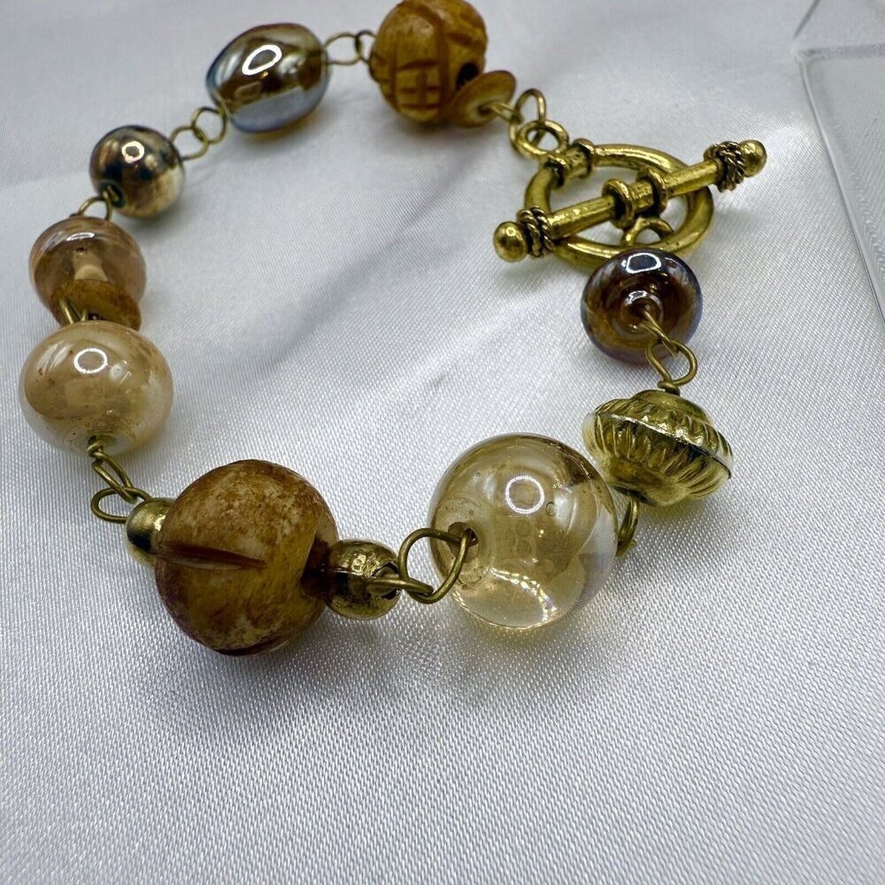 Reimagined Tan Iridescent Glass Wood Bead Bracelet - Picture 2 of 8